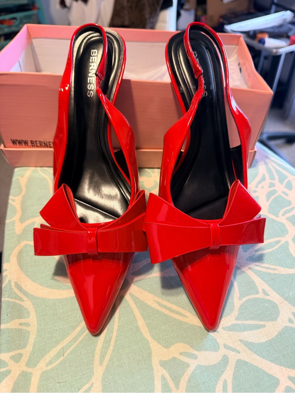 Bterness Red Patent Bow Slingback Pumps